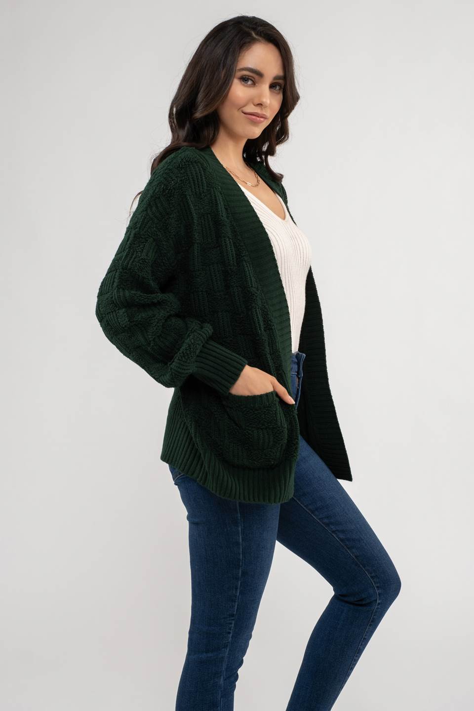 CHECKERED TEXTURED KNIT CARDIGAN