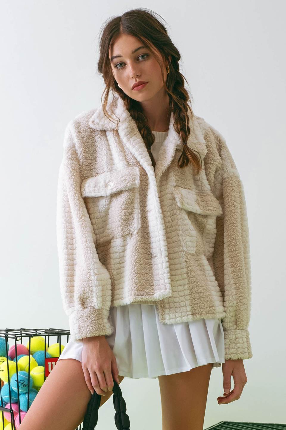STRIPED TEXTURED FAUX SHEARLING JACKET