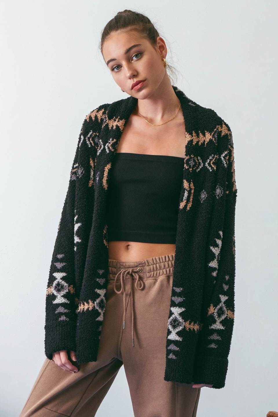 TRIBAL PRINT SHAWL COLLAR CARDIGAN