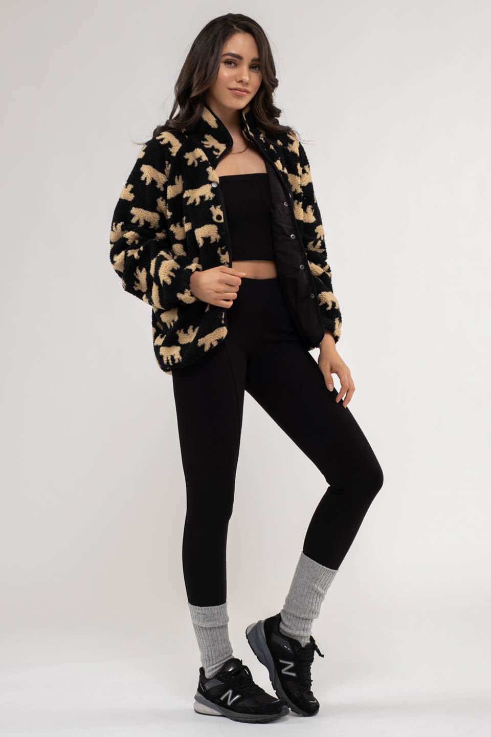 BEAR PRINT BUTTON UP FLEECE