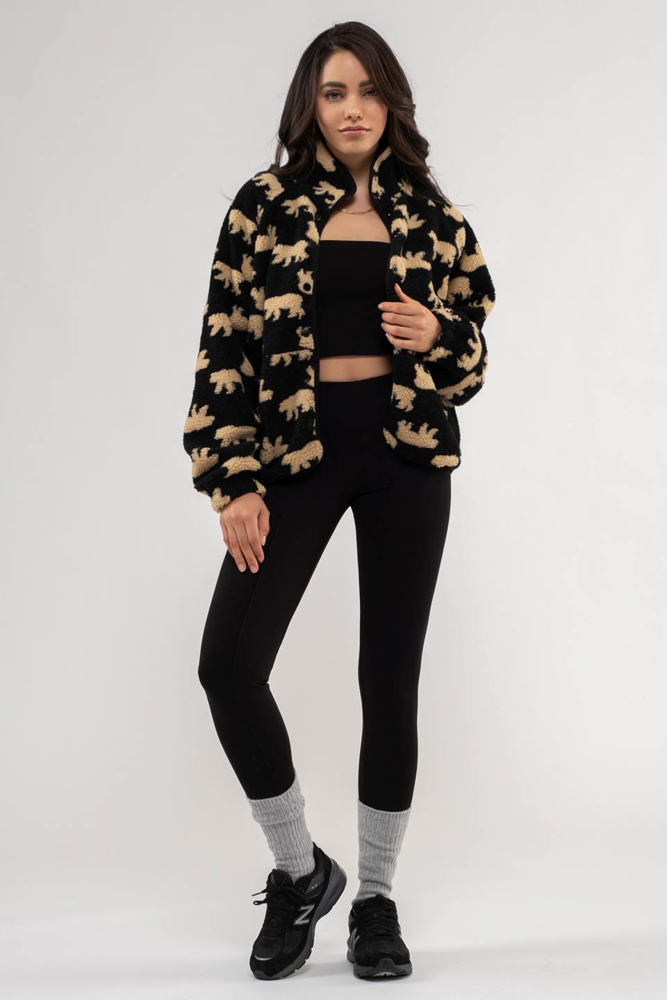 BEAR PRINT BUTTON UP FLEECE