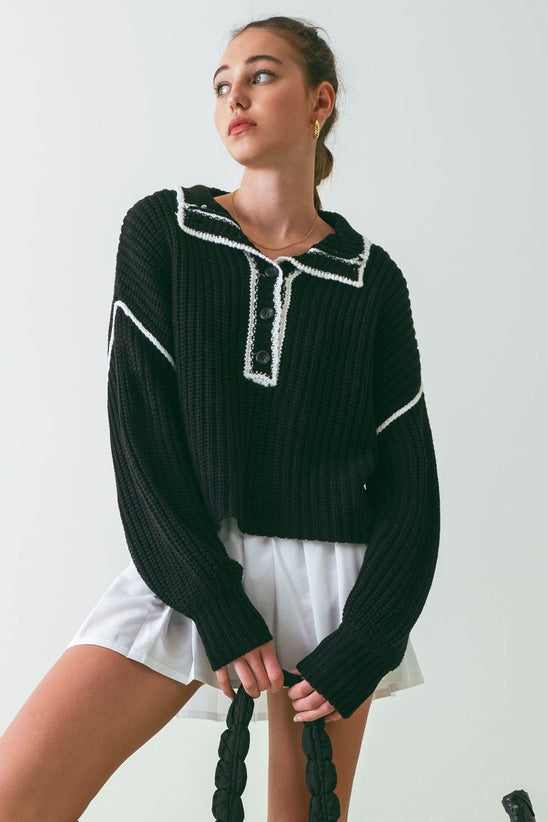 COLLARED CONTRAST STITCH KNIT SWEATER