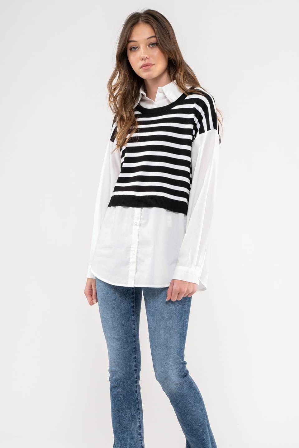 STRIPED VEST LAYERED WOVEN TOP