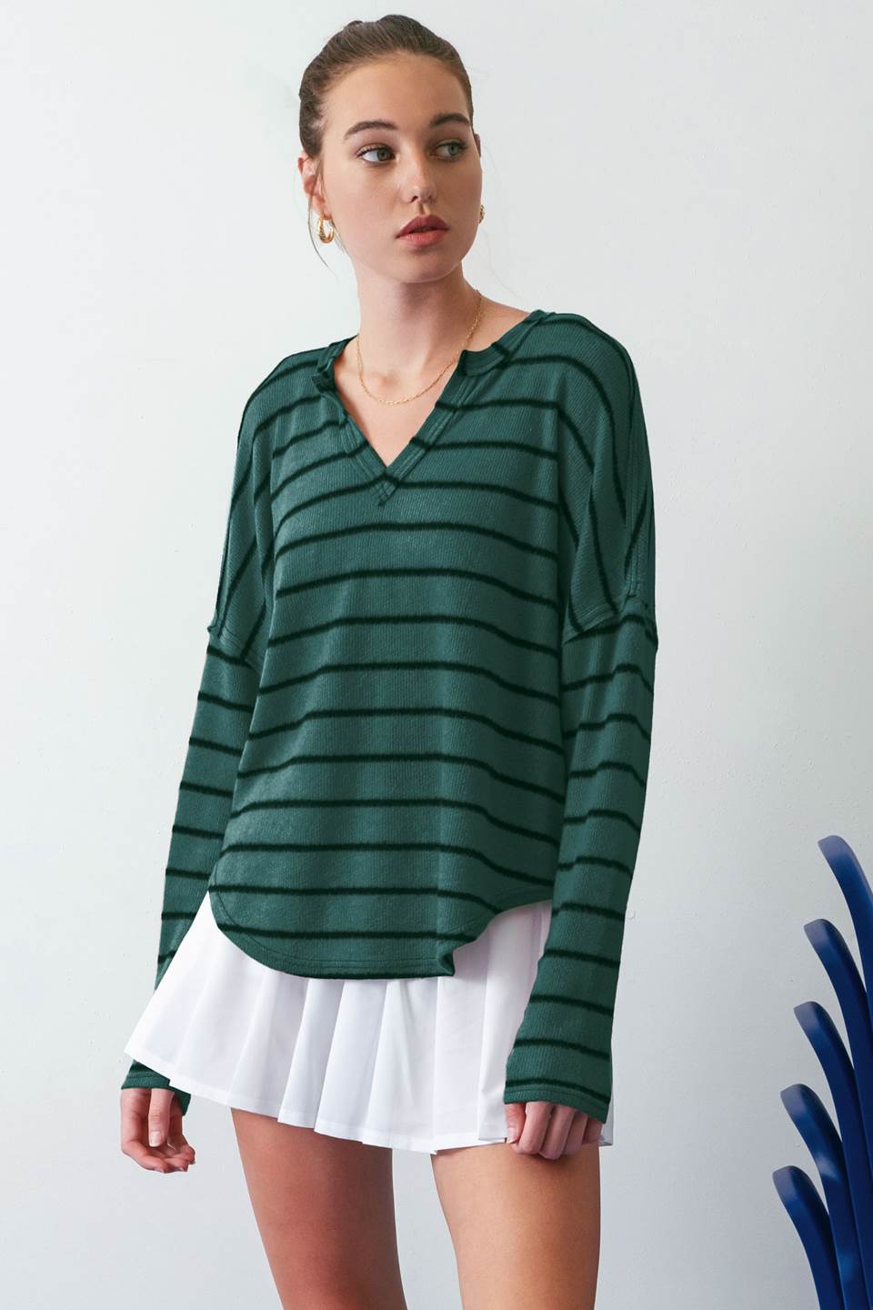 STRIPED RAW EDGE SPLIT NECK KNIT TOP