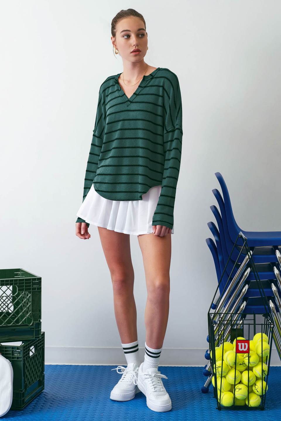 STRIPED RAW EDGE SPLIT NECK KNIT TOP