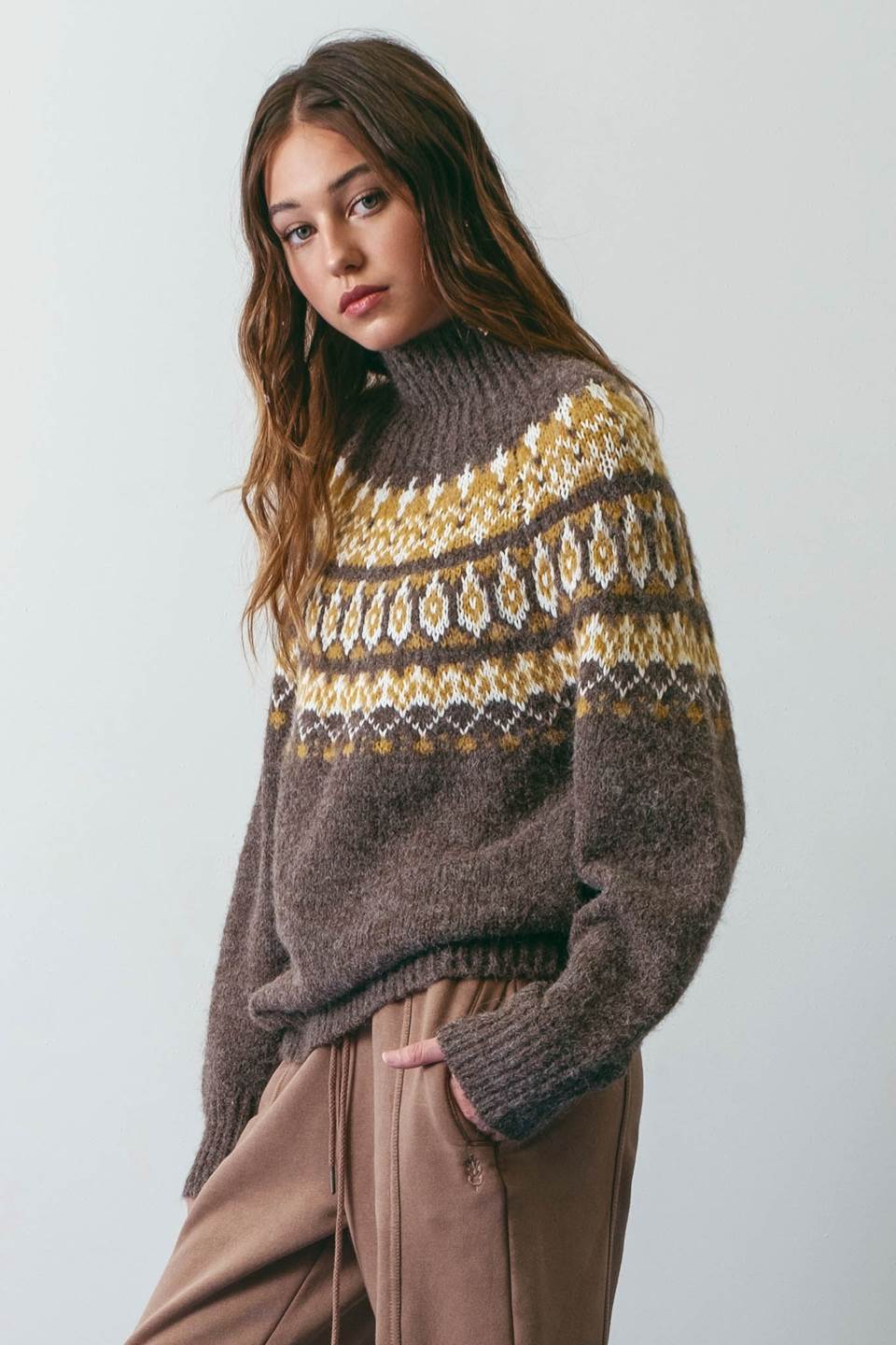 MOCK NECK GEOMETRIC KNIT SWEATER
