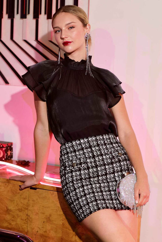 SHEER MOCK NECK SWEETHEART WOVEN TOP