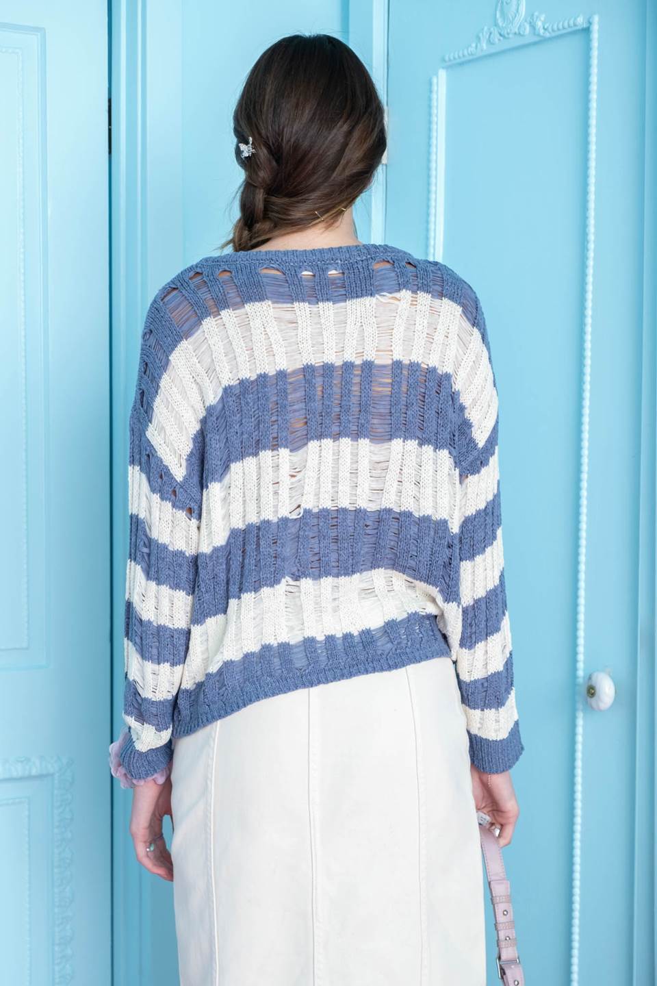 STRIPED LADDER KNIT PULLOVER SWEATER