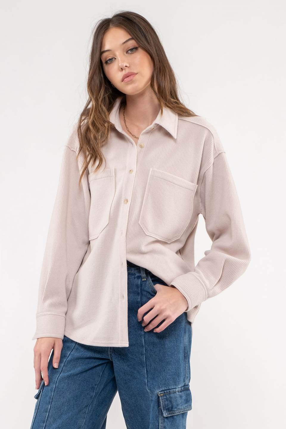 RIB KNIT EXPOSED SEAM BUTTON UP TOP