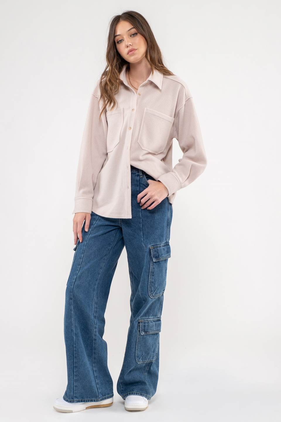 RIB KNIT EXPOSED SEAM BUTTON UP TOP