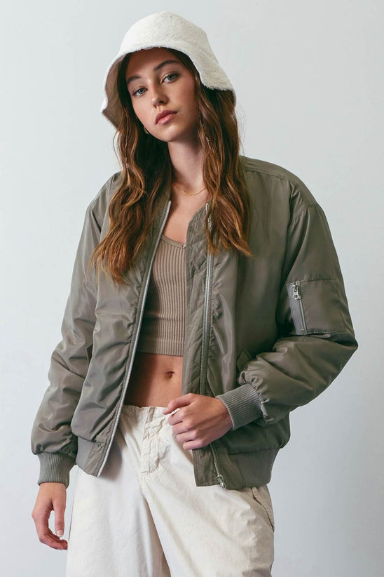 SOLID RUCHED BOMBER JACKET