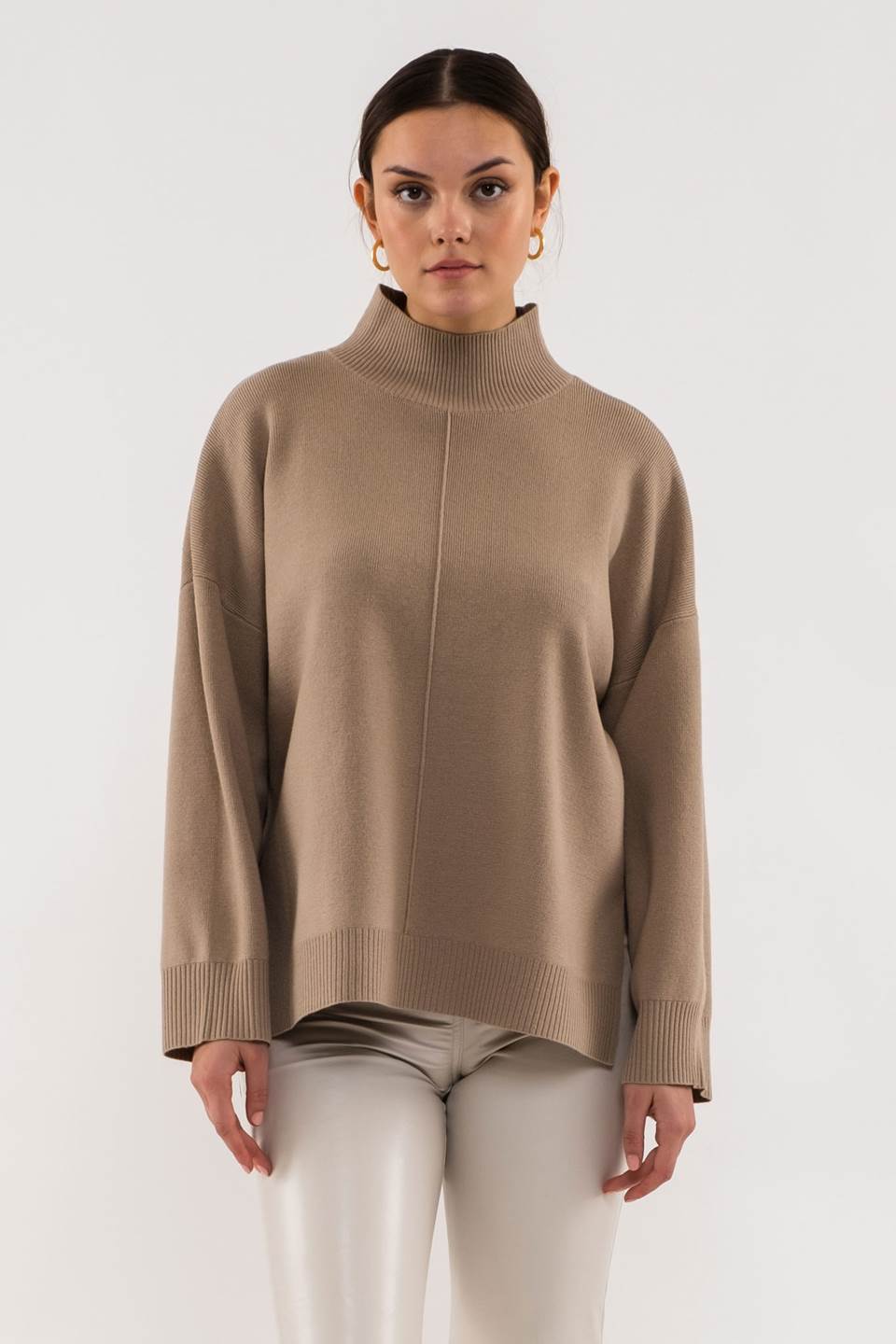 SOLID MOCK NECK SEAM FRONT KNIT SWEATER