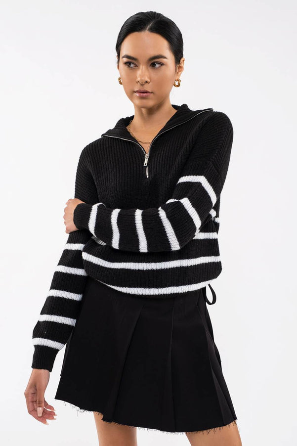 STRIPED HALF-ZIP KNIT SWEATER