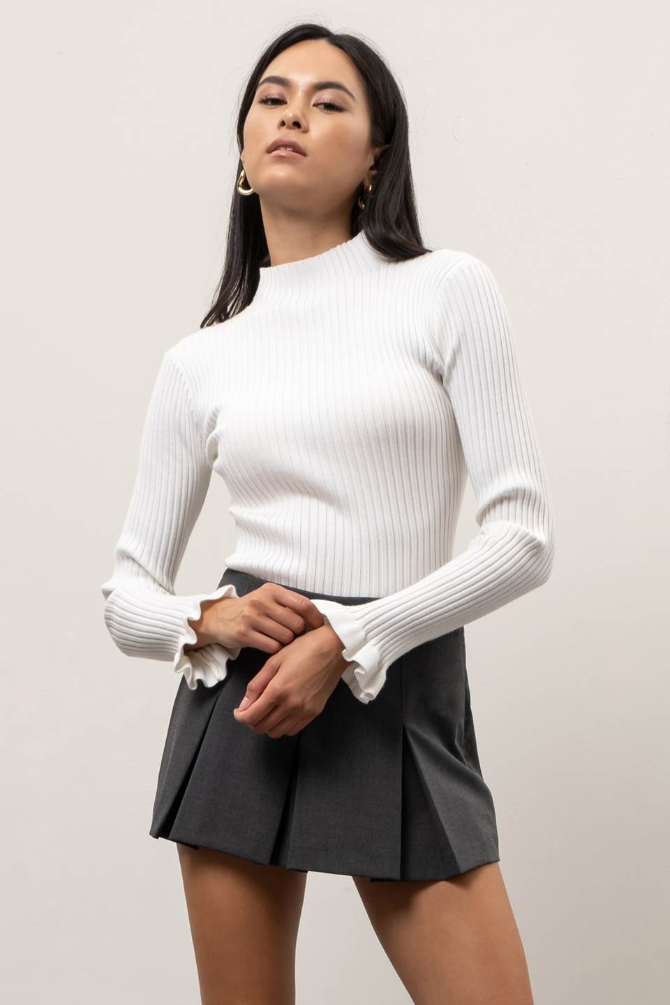 SOLID LETTUCE SLEEVE RIB KNIT SWEATER