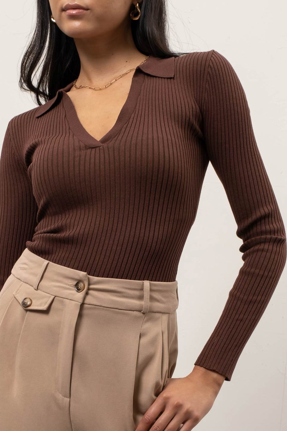 RIBBED COLLARED LONG SLEEVE