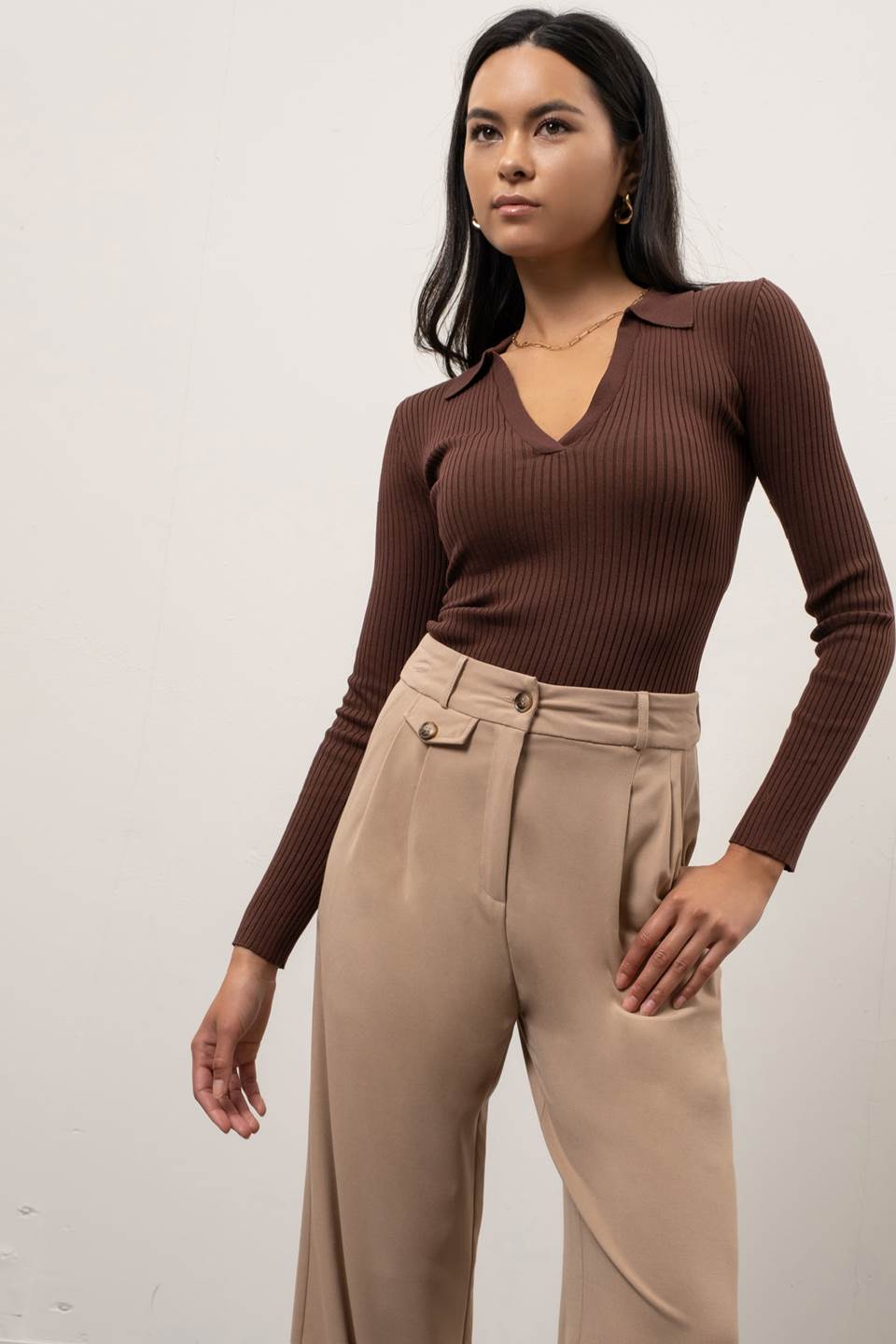 RIBBED COLLARED LONG SLEEVE