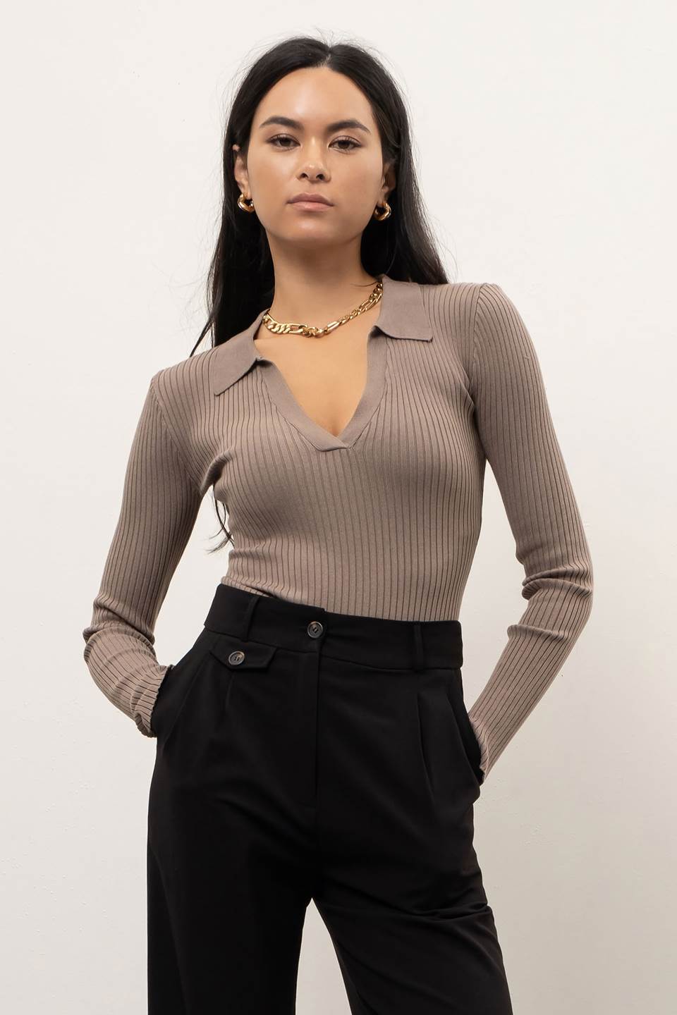 RIBBED COLLARED LONG SLEEVE