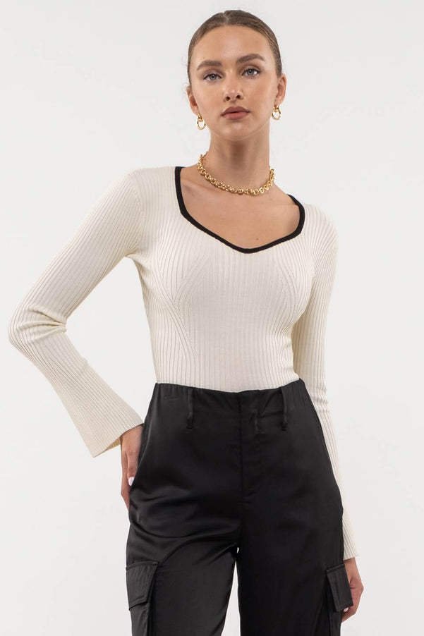 CONTRAST HEM LONG SLEEVE KNIT TOP