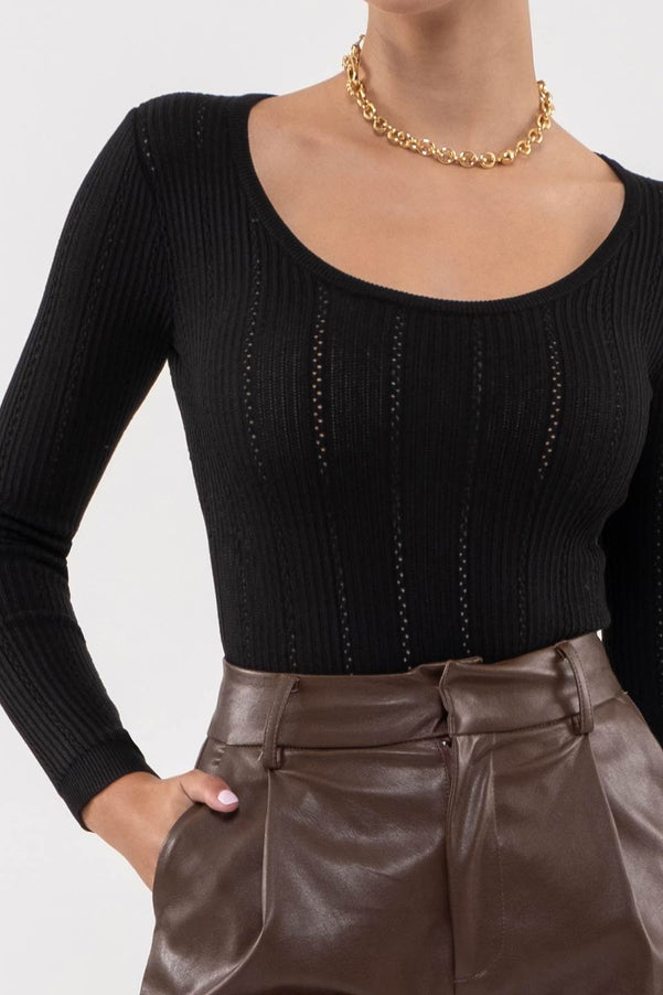 ROUND NECK OPEN STITCH KNIT BODYSUIT