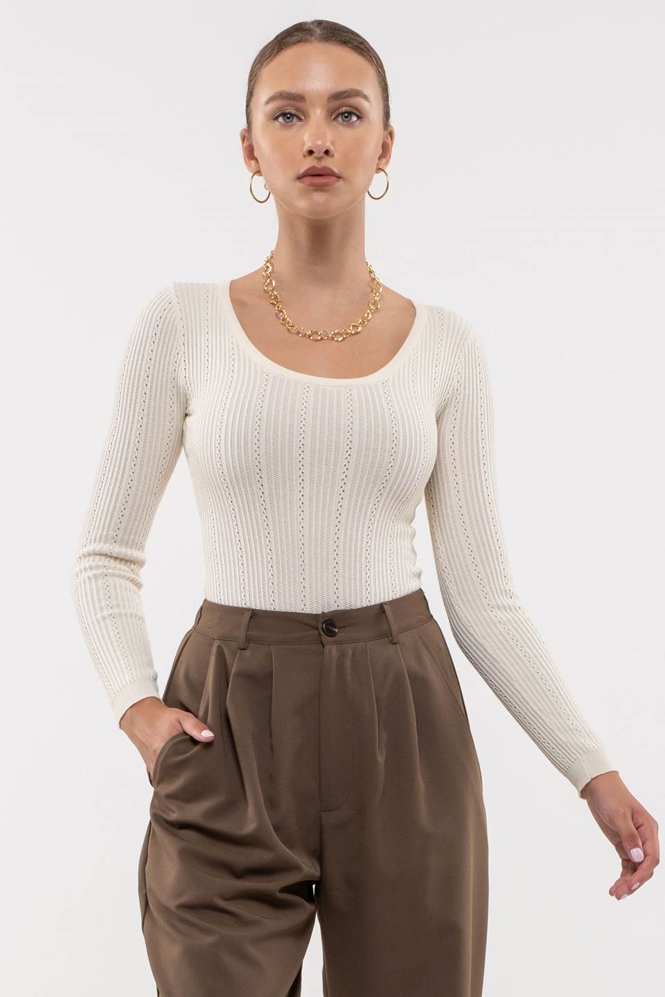 ROUND NECK OPEN STITCH KNIT BODYSUIT
