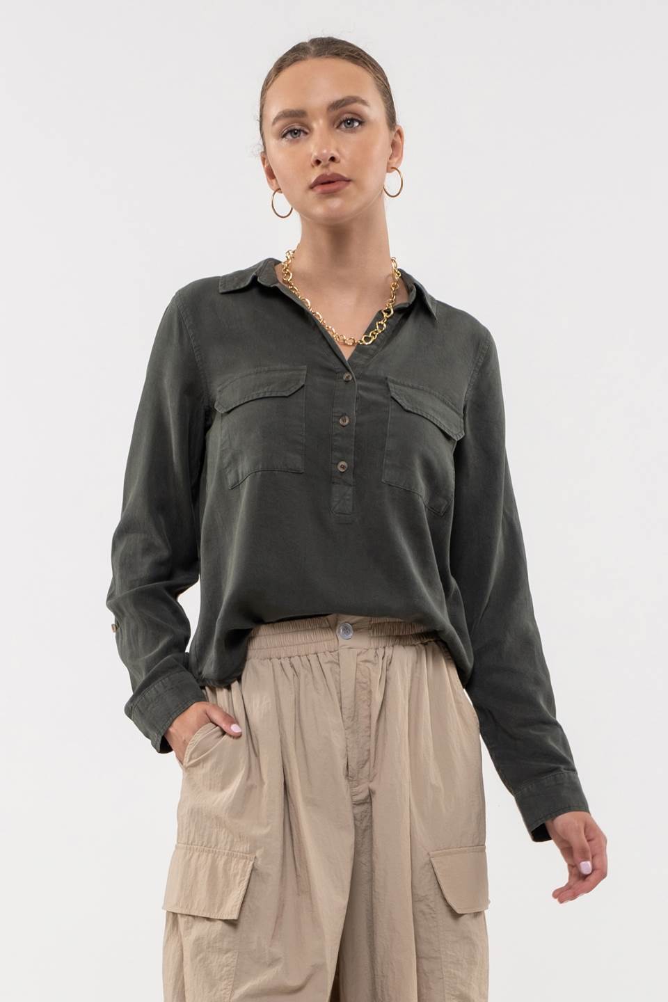 HALF BUTTON UP COLLARED WOVEN TOP