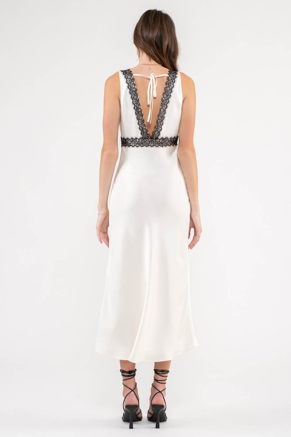 CONTRAST LACE TRIM SATIN MIDI DRESS