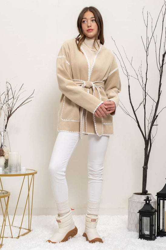 CONTRAST HEM BELTED CARDIGAN