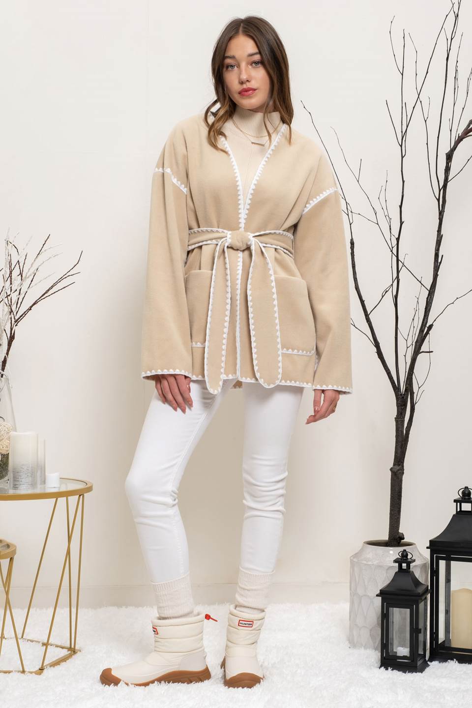 CONTRAST HEM BELTED CARDIGAN