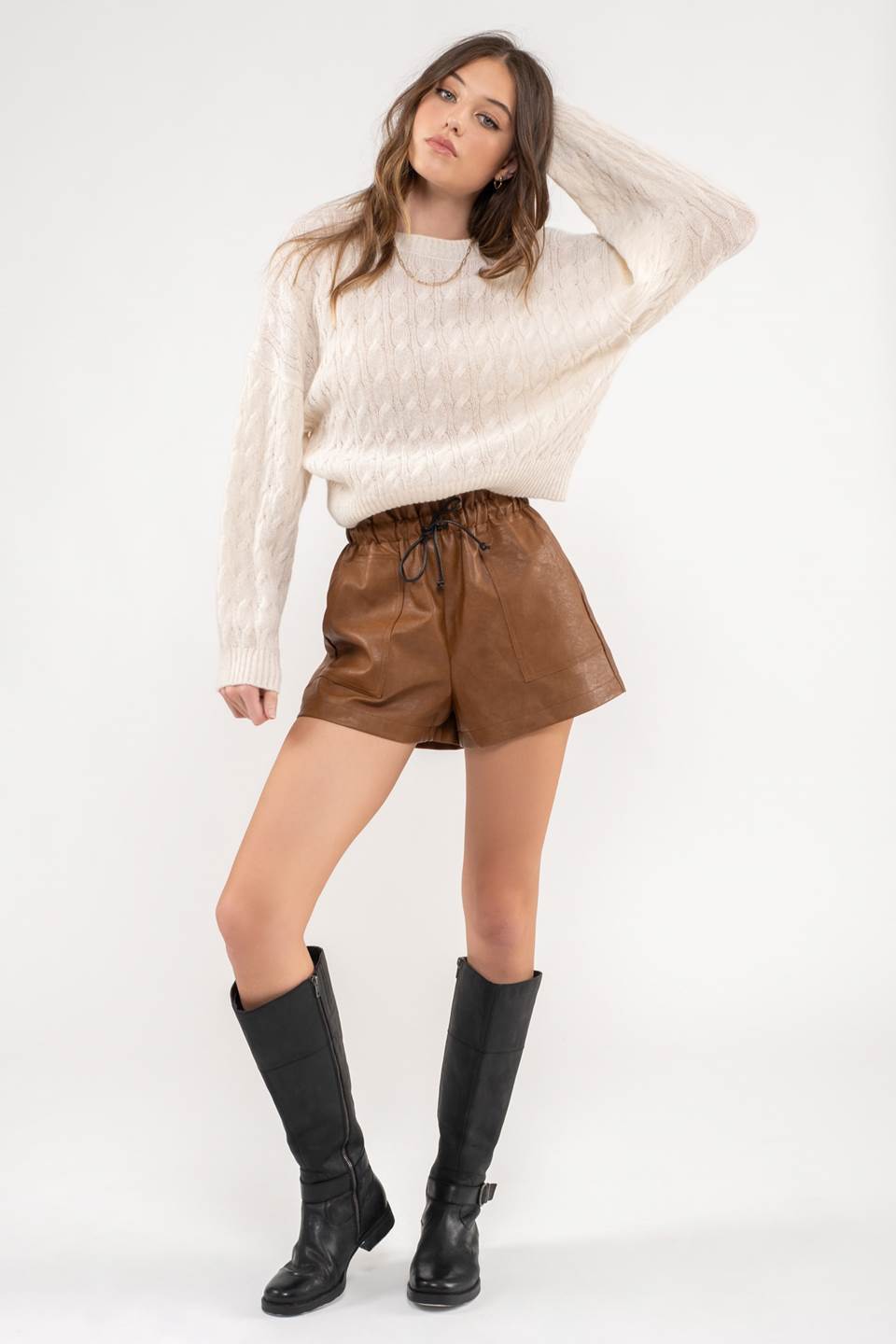 RUFFLE WAIST FAUX LEATHER SHORTS