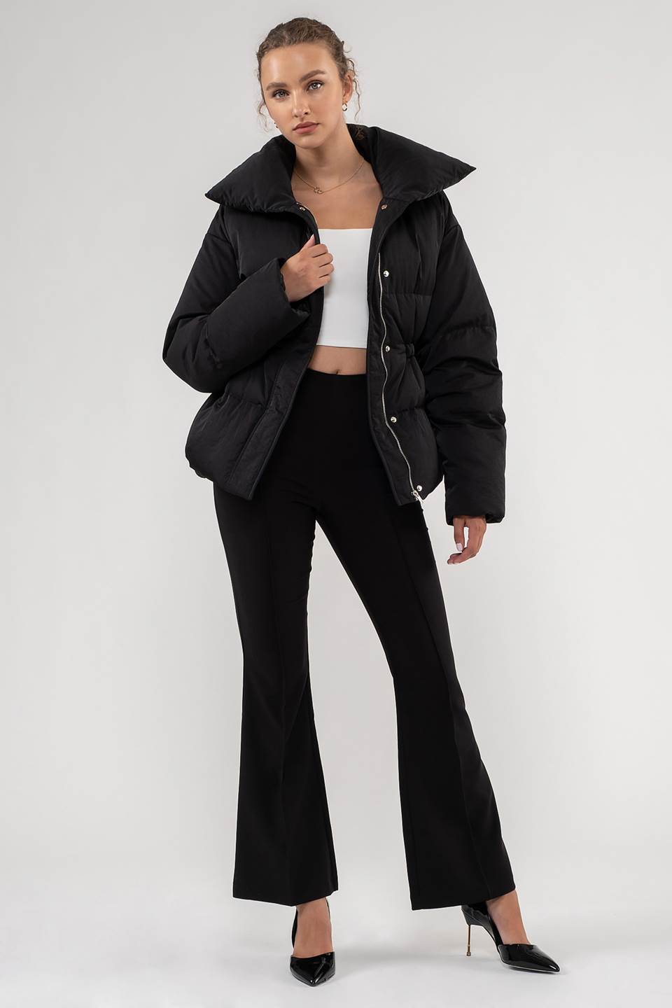 ELASTIC WAIST ZIP UP PUFFER JACKET